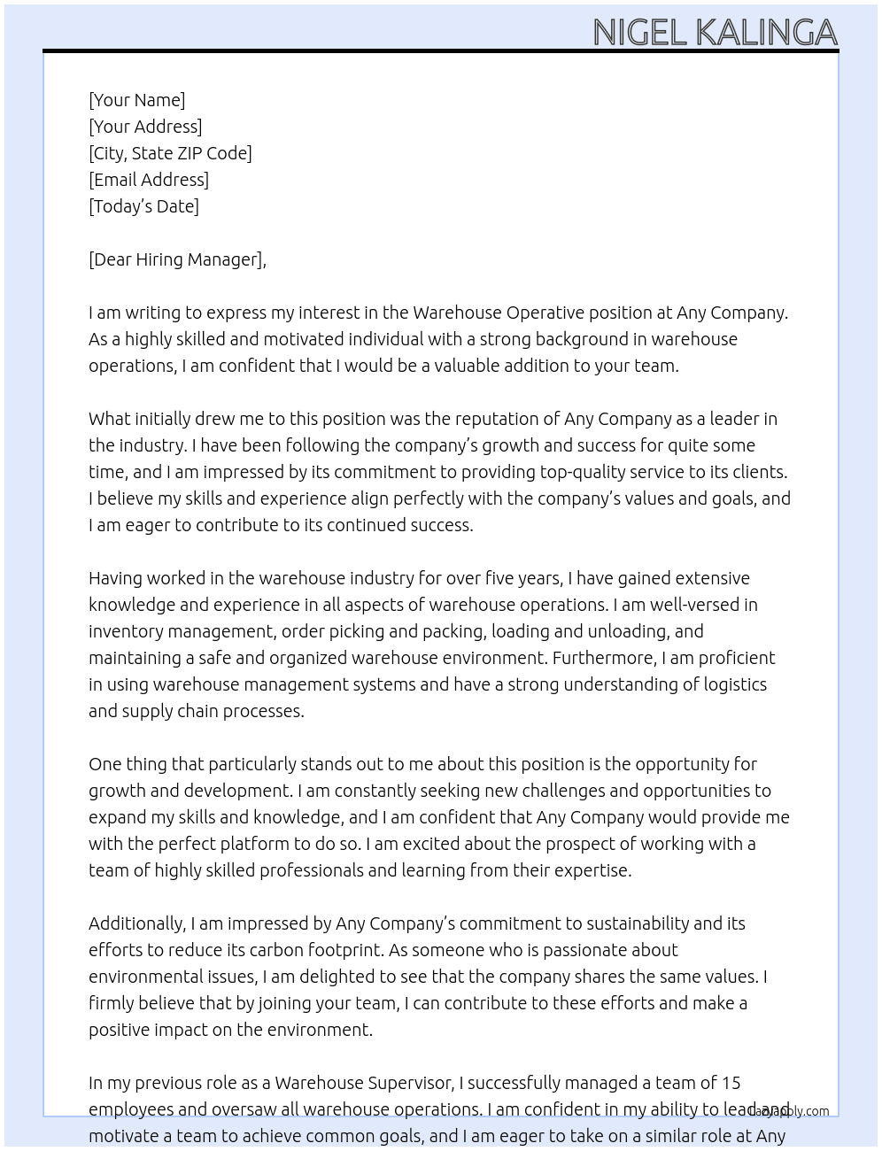 WAREHOUSE OPERATIVE At ANY COMPANY Cover Letter