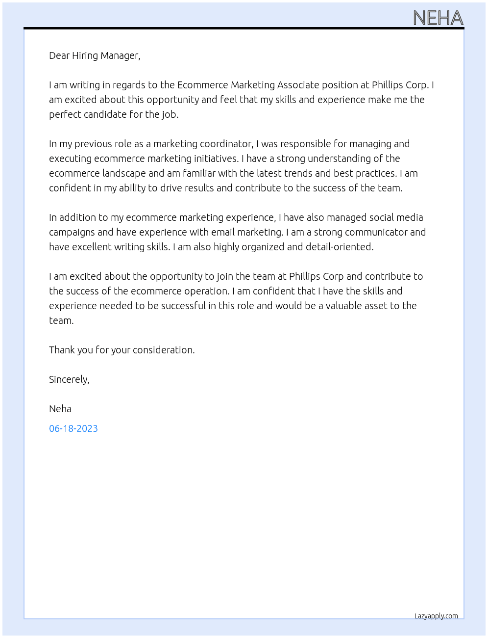 Ecommerce Marketing Associate At Phillips Corp Cover Letter