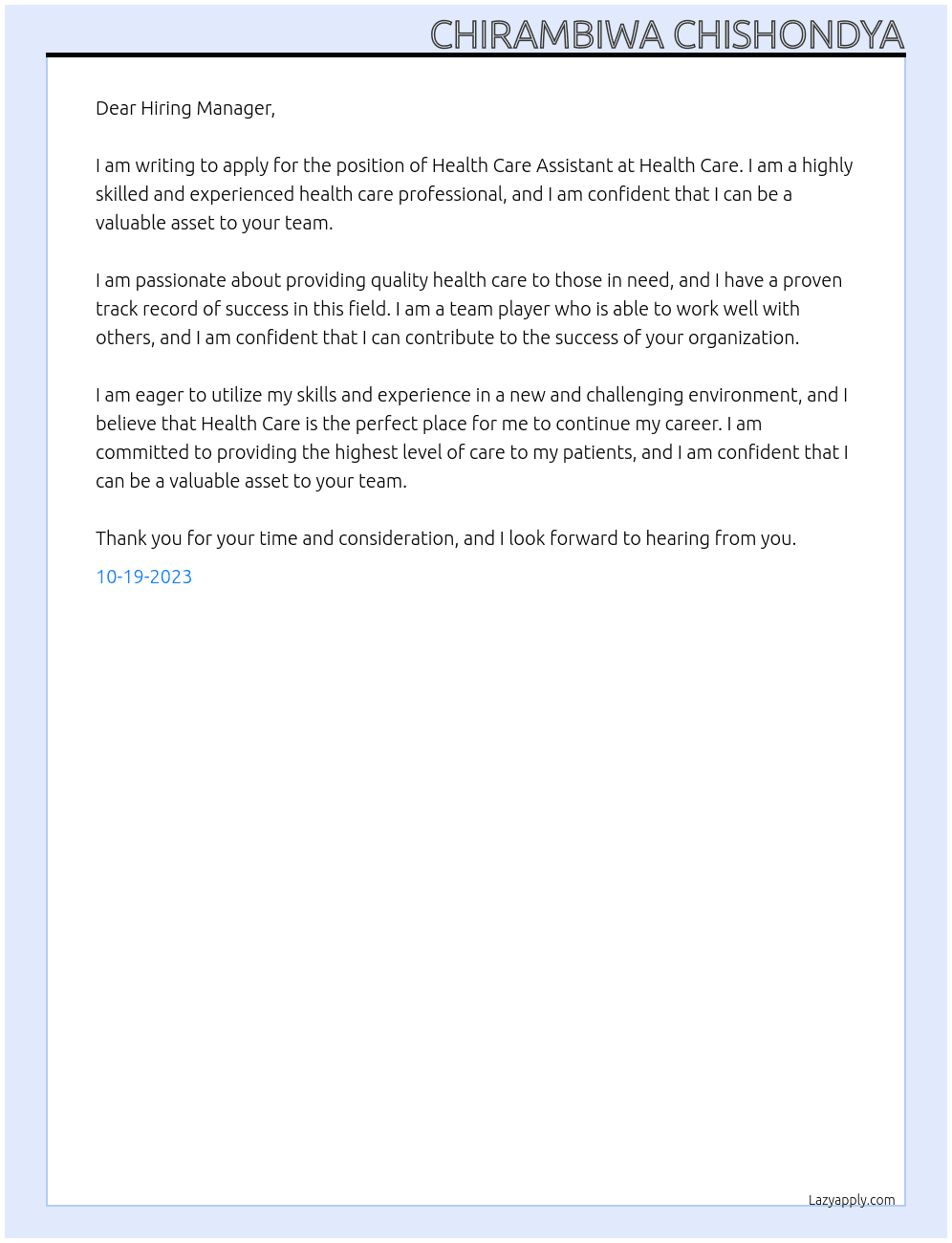 health care assistant At health care Cover Letter