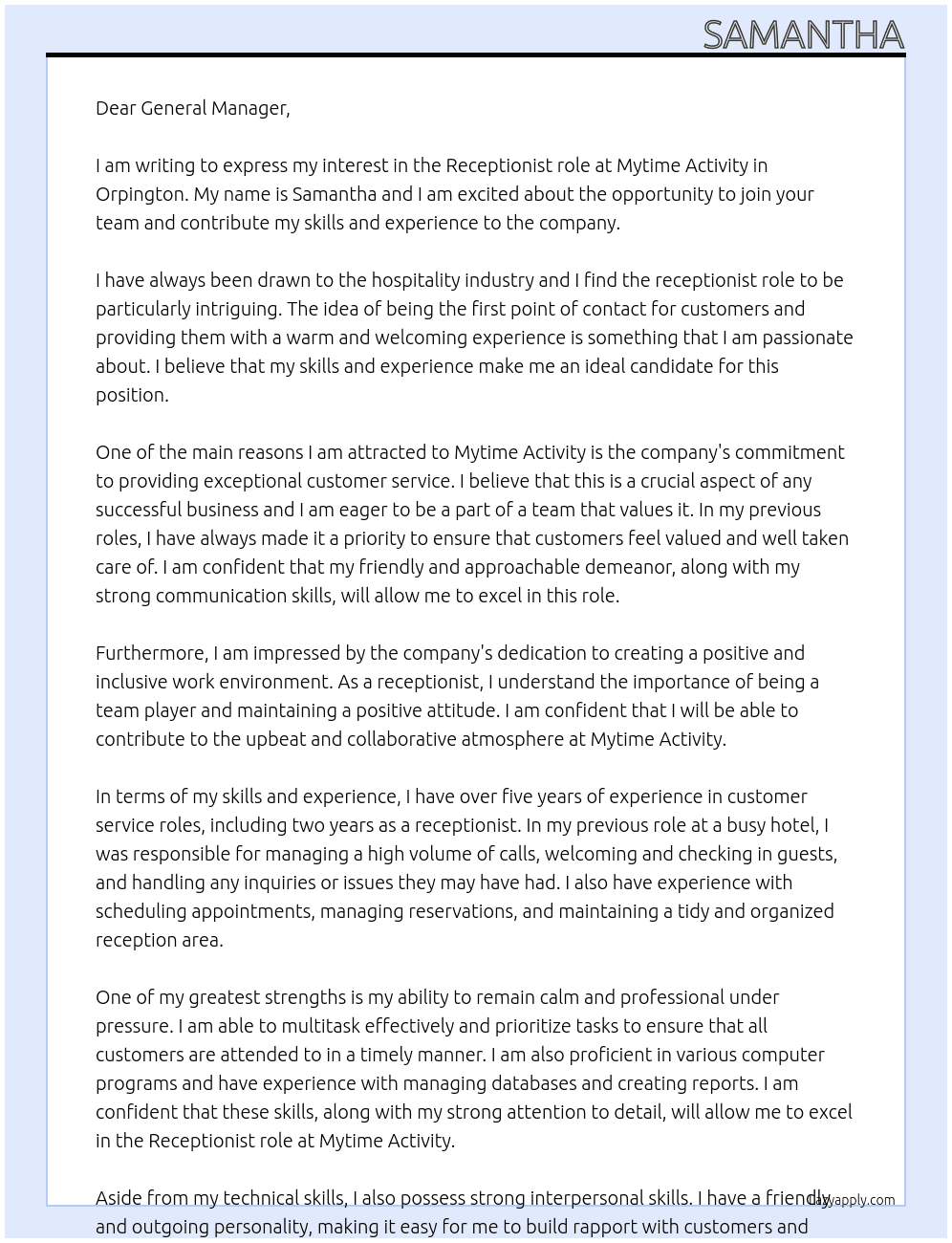 Receptionist  At Mytime Activity Cover Letter