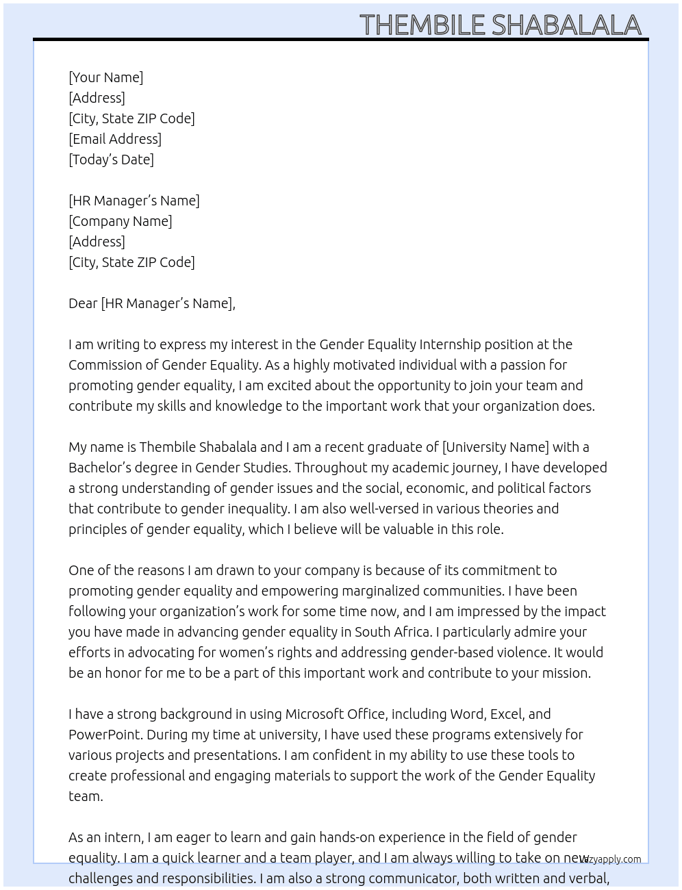 Gender equality Internship  At Commission of gender equality  Cover Letter
