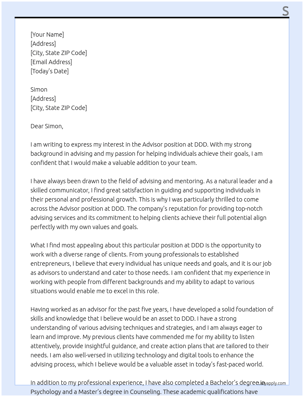 advisor  At DDD Cover Letter