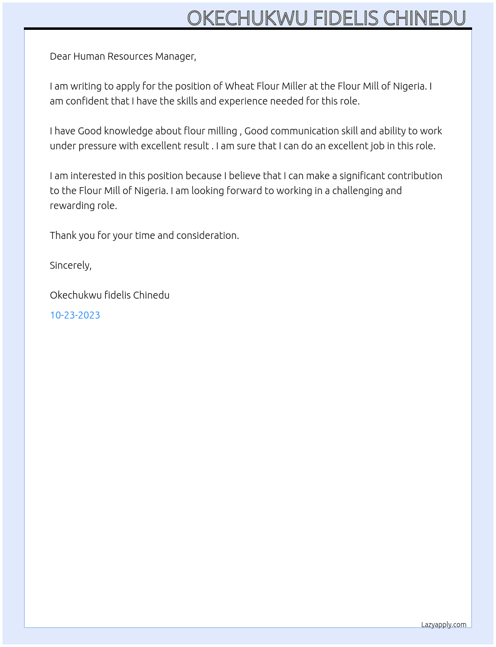 Wheat flour miller  At Flour mill of Nigeria  Cover Letter