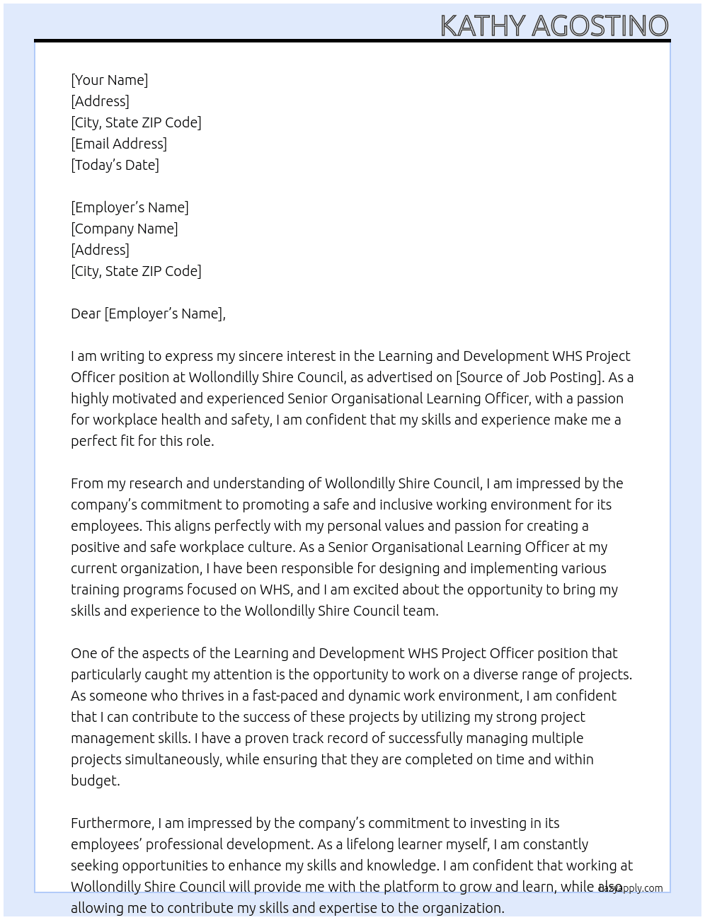 Learning and Development WHS Project Officer At Wollondilly Shire Council Cover Letter
