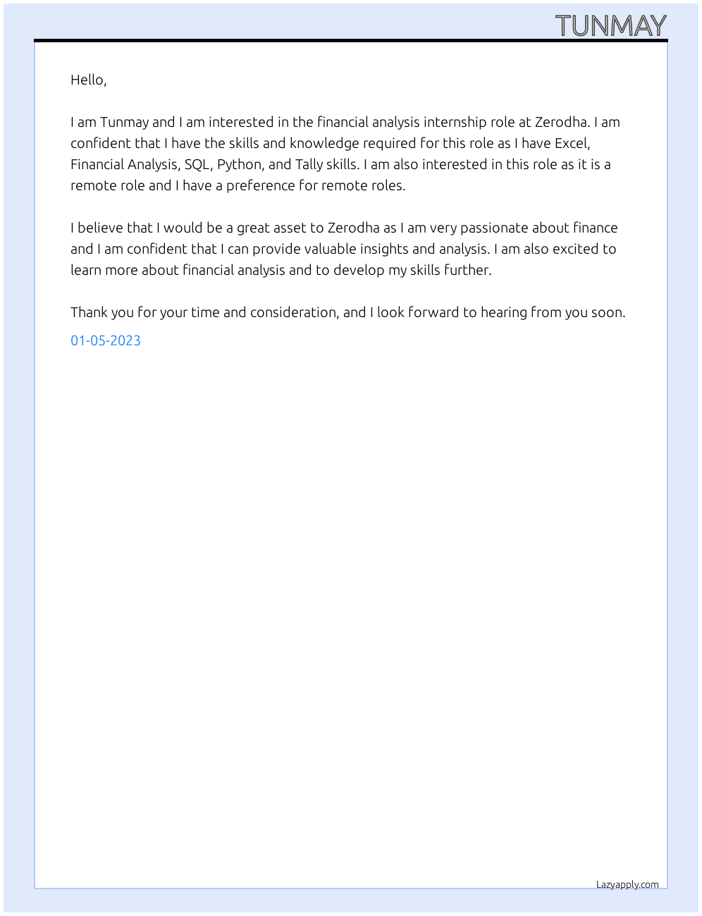 Financia lAnalysis At Zerodha Cover Letter