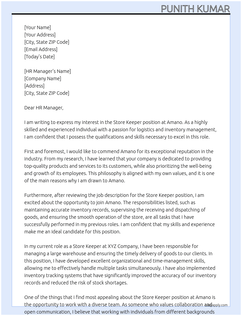store keeper At amano Cover Letter