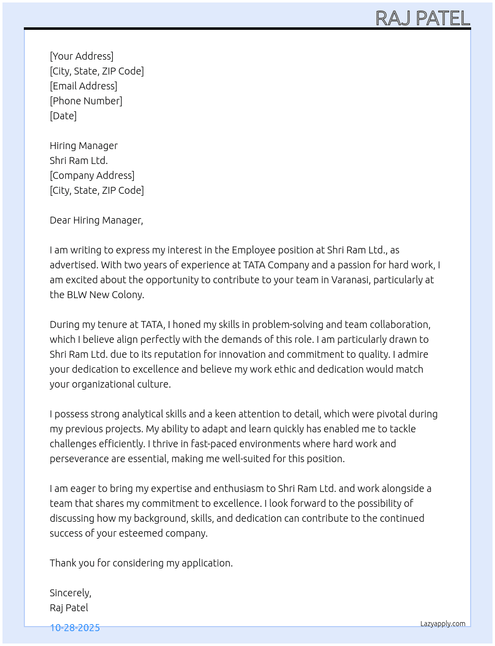 Employee At Shri Ram Ltd. Cover Letter