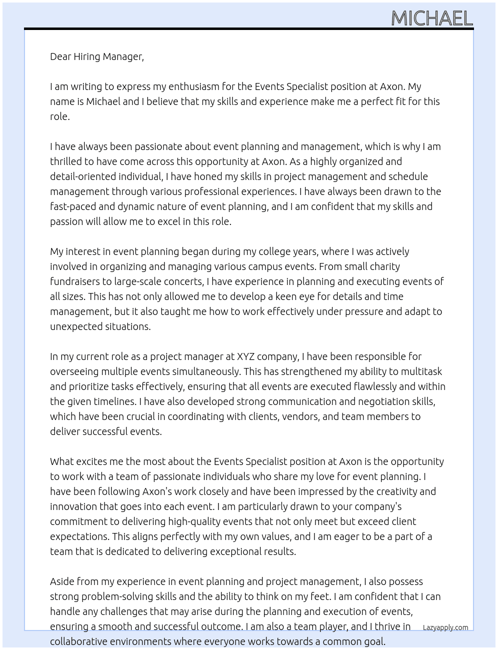Events Specialist  At Axon Cover Letter
