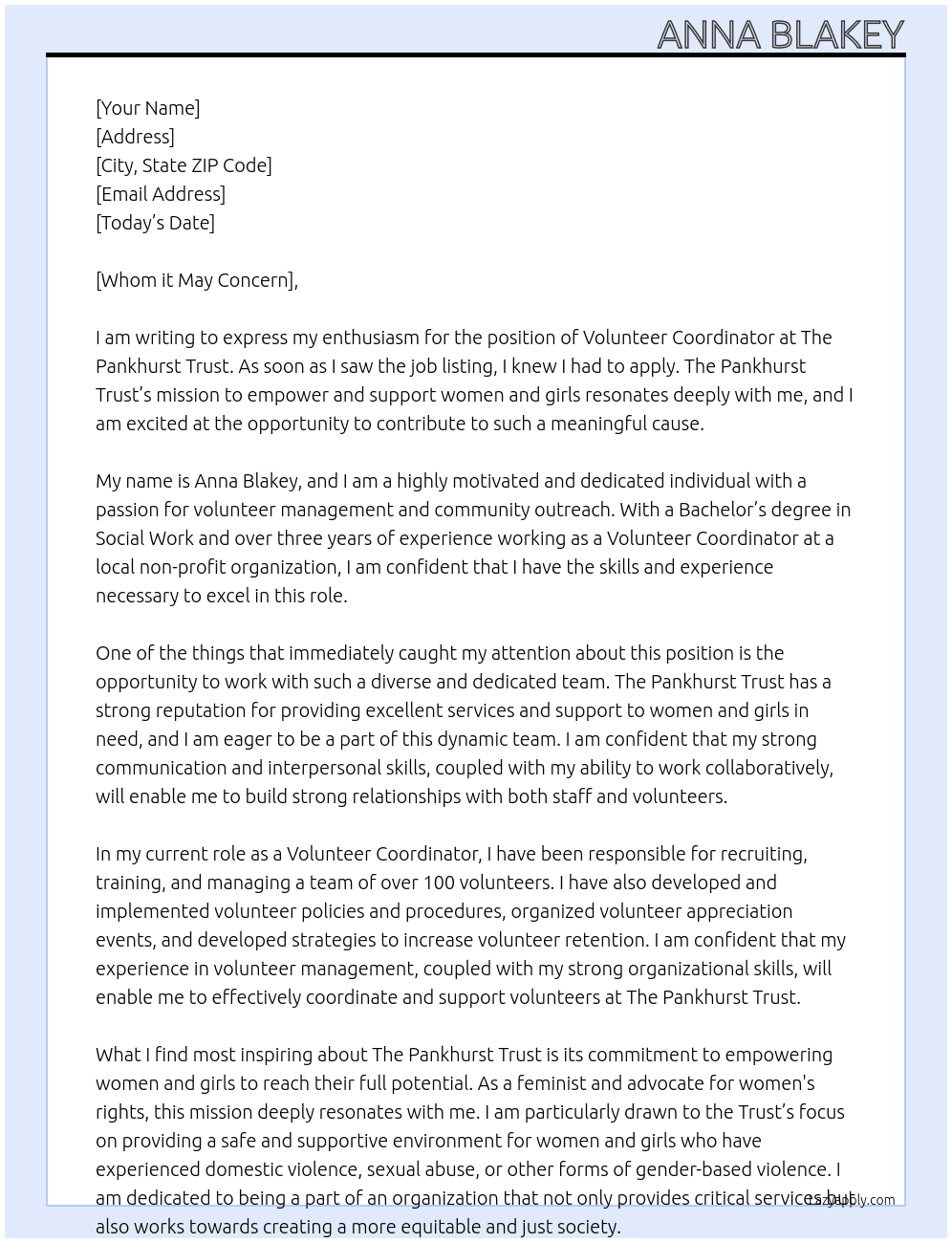 Volunteer Coordinator At The Pankhurst Trust  Cover Letter