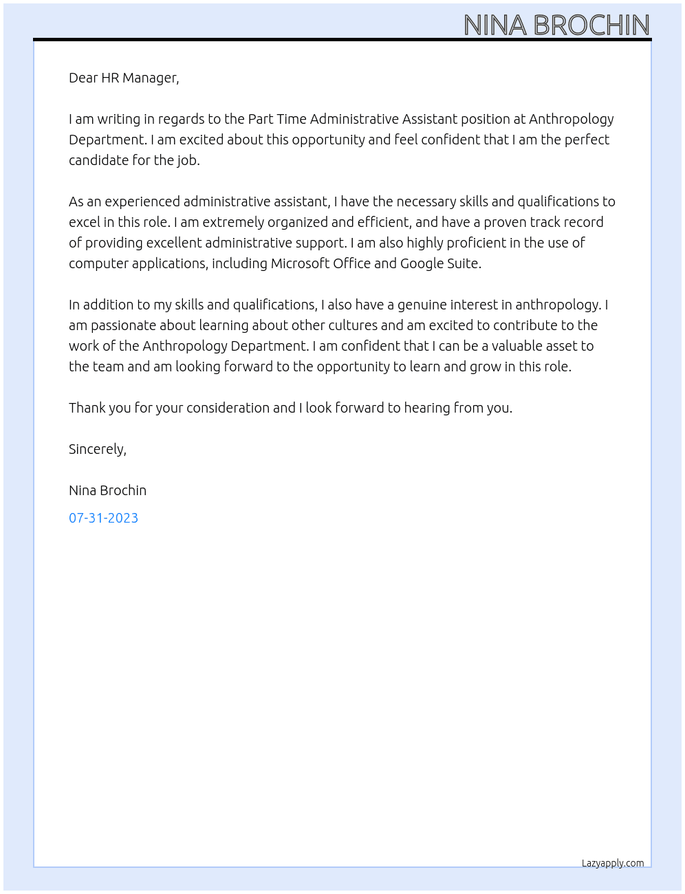 Part Time Administrative Assistant  At Anthropology Department Cover Letter