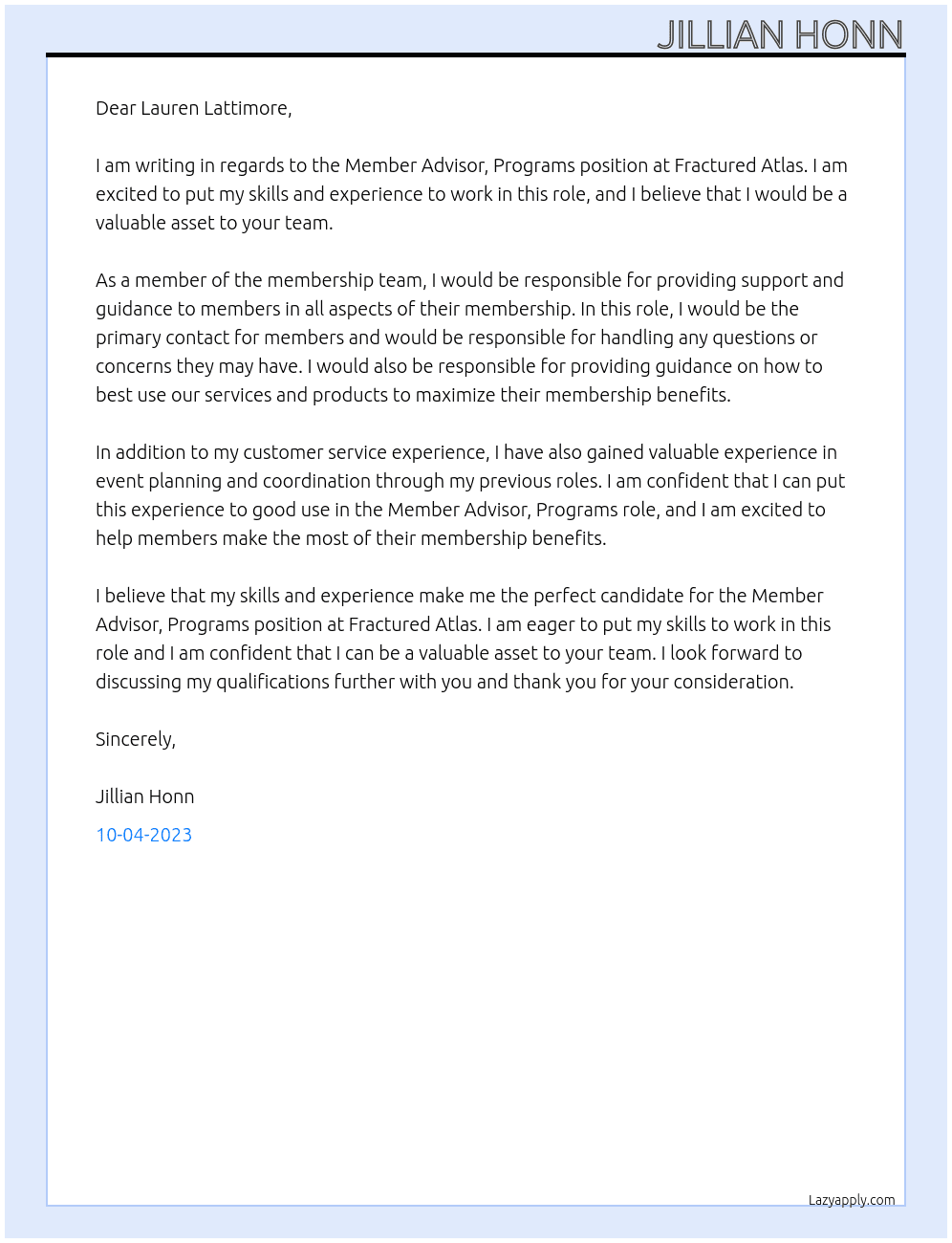 Member Advisor, Programs At Fractured Atlas Cover Letter