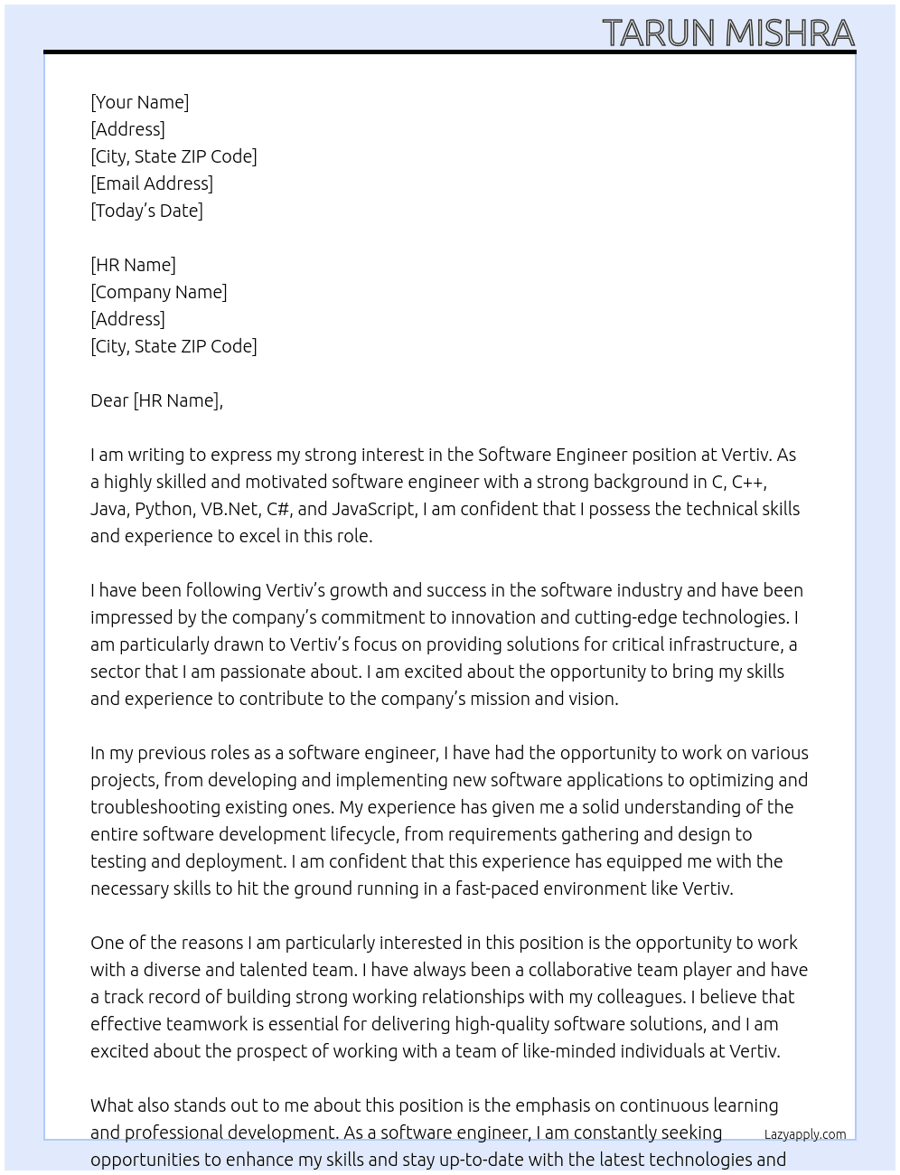 Software Engineer At Vertiv  Cover Letter