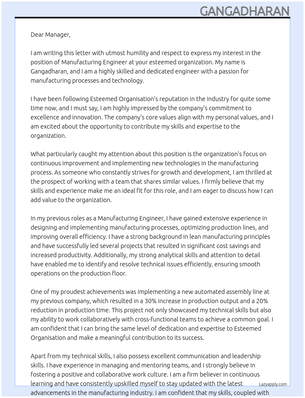 Manufacturing engineer At Esteemed Organisation Cover Letter