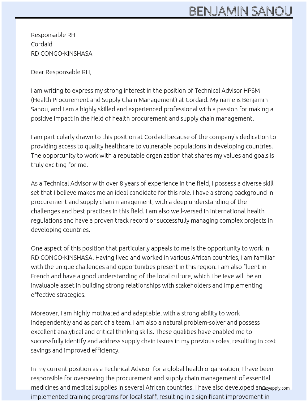 Technical Advisor HPSM (Health Procurement and Supply Chain Management) At Cordaid Cover Letter