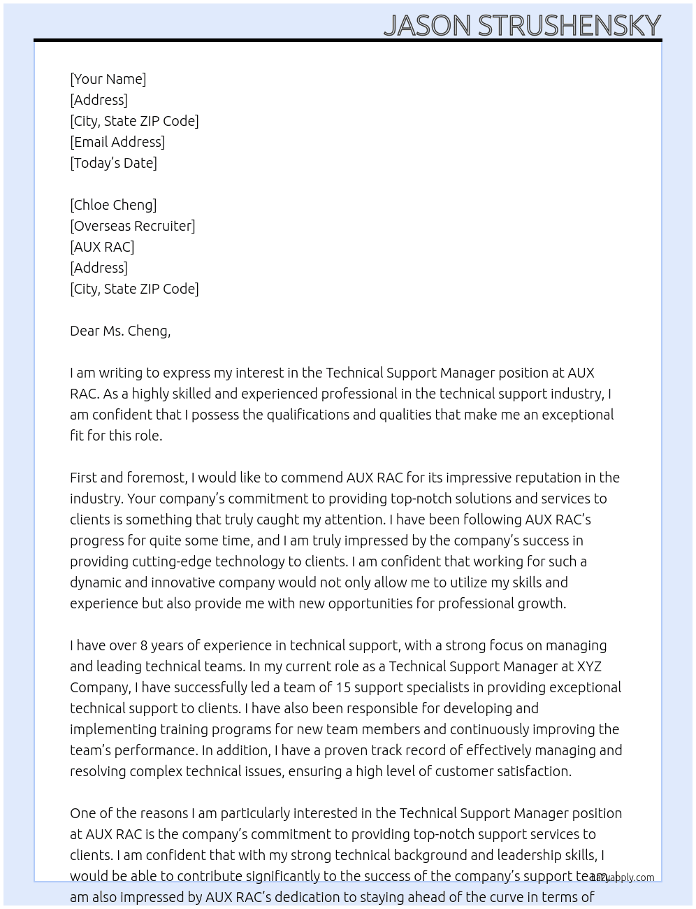 Technical Support Manager At AUX RAC Cover Letter