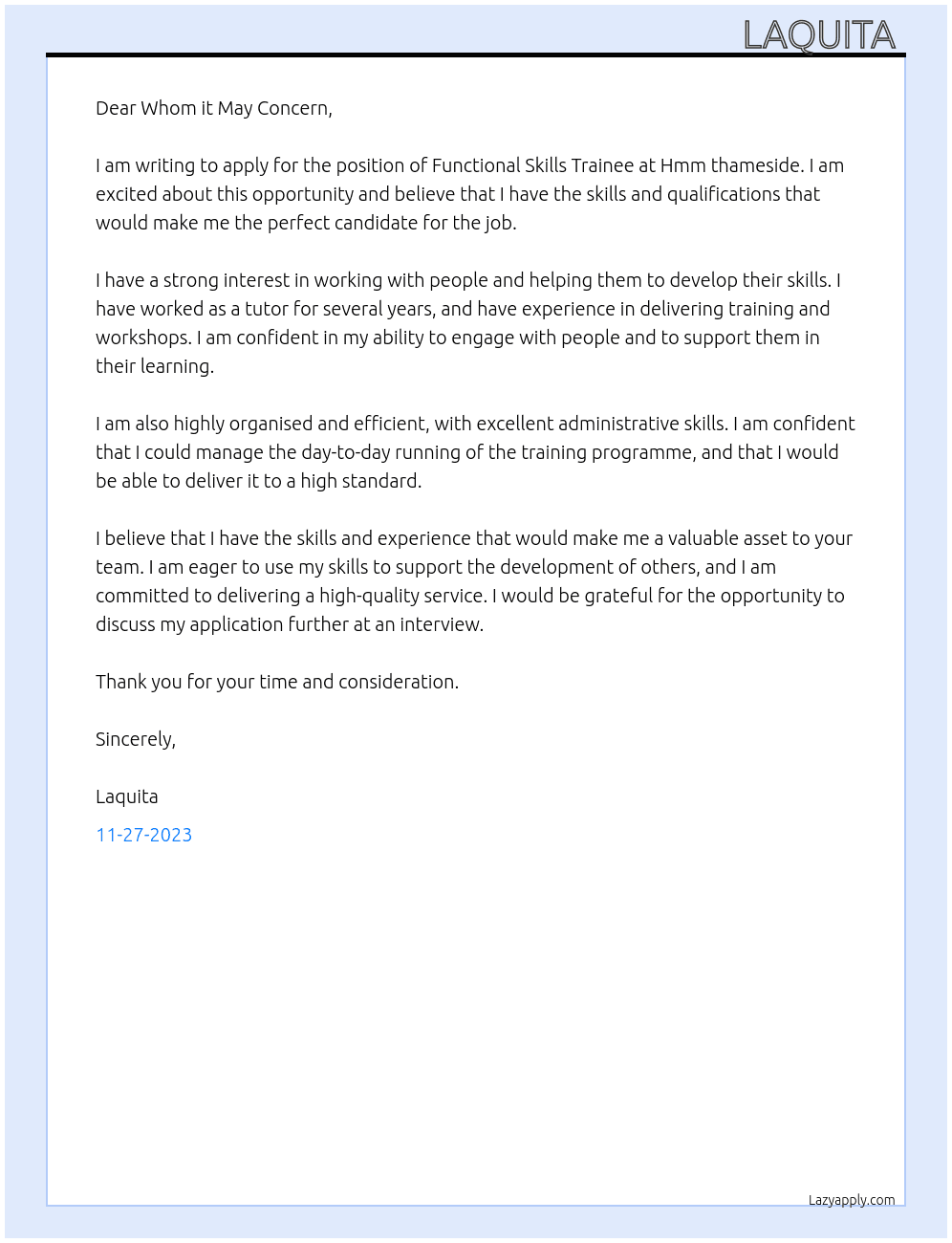Functional skills trainee At Hmm thameside Cover Letter