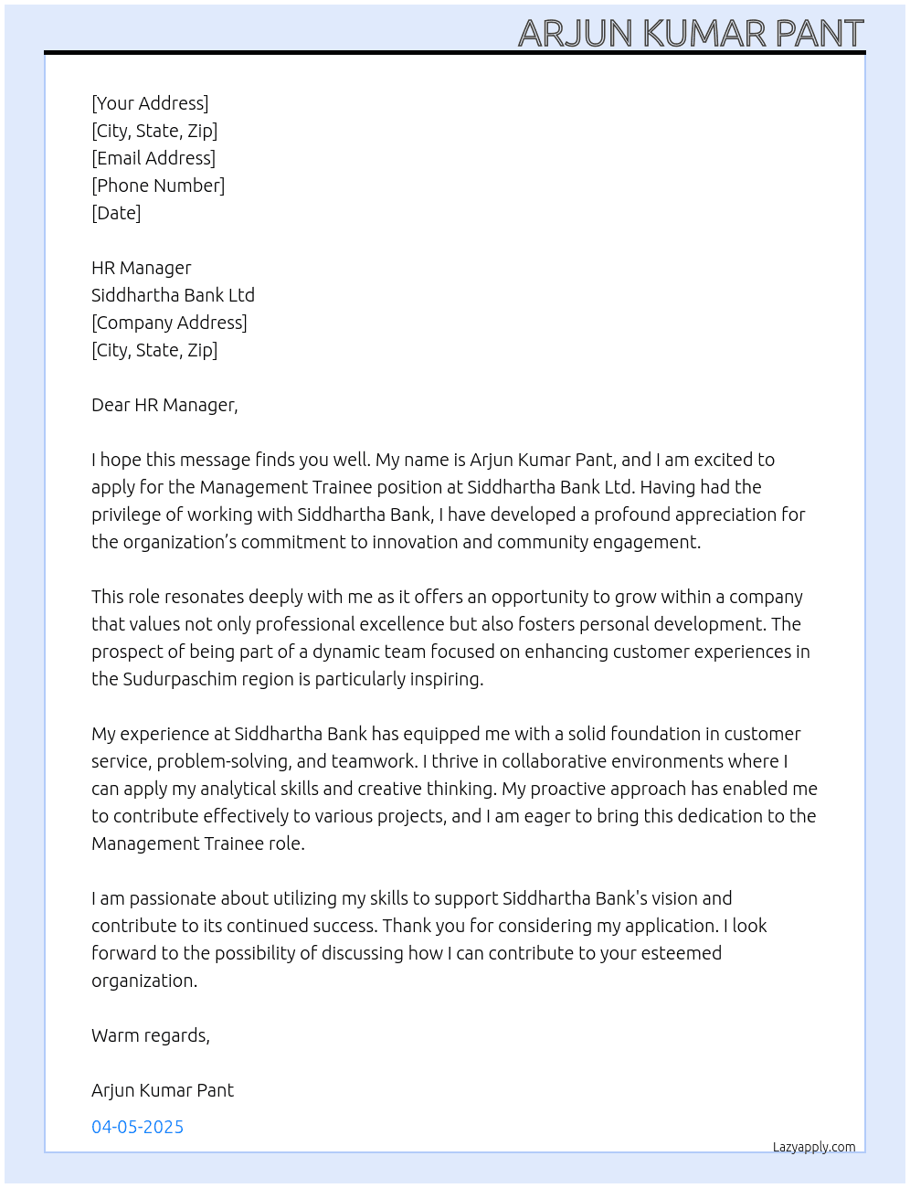management trainee At Siddhartha bank ltd Cover Letter