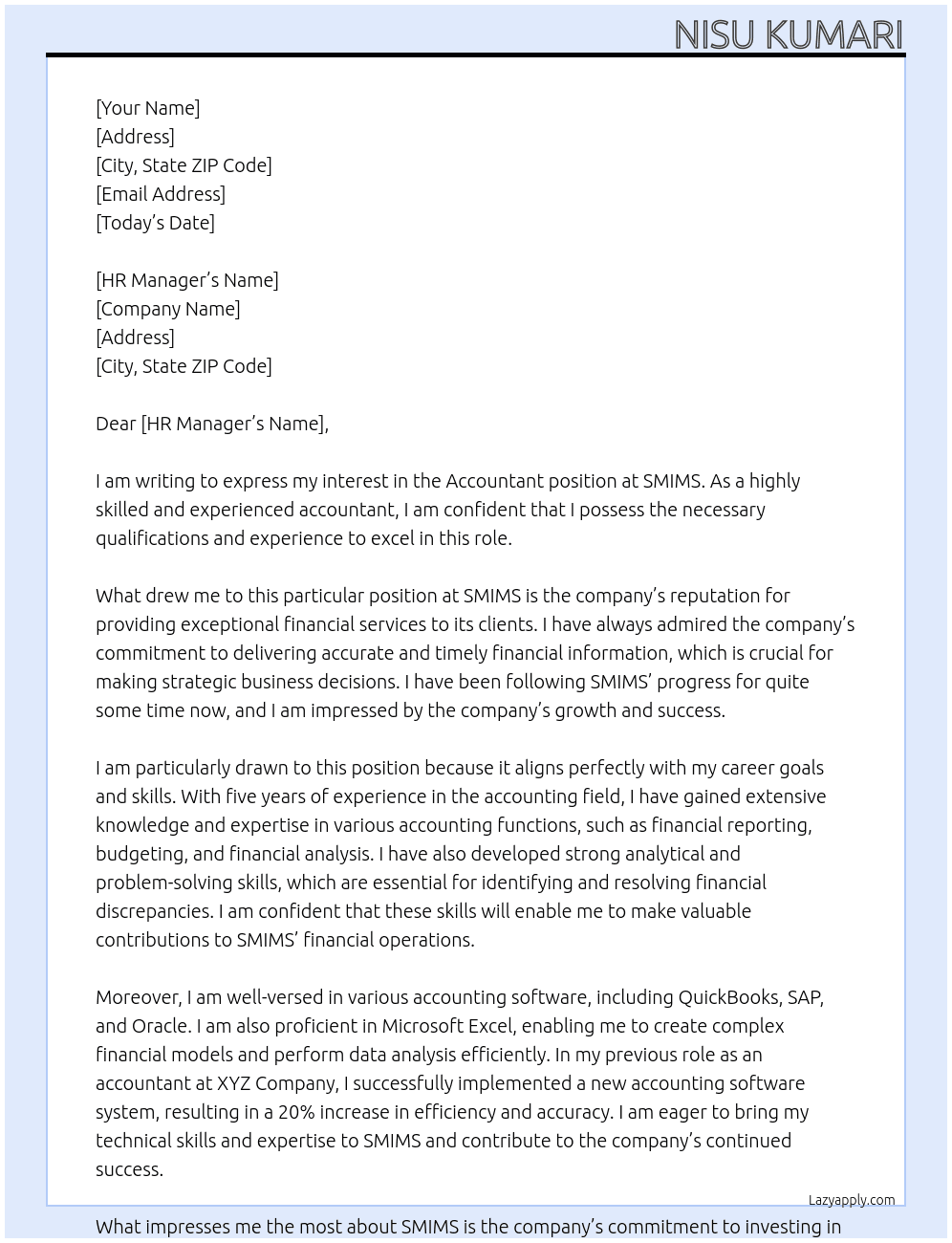 Accountant At SMIMS Cover Letter