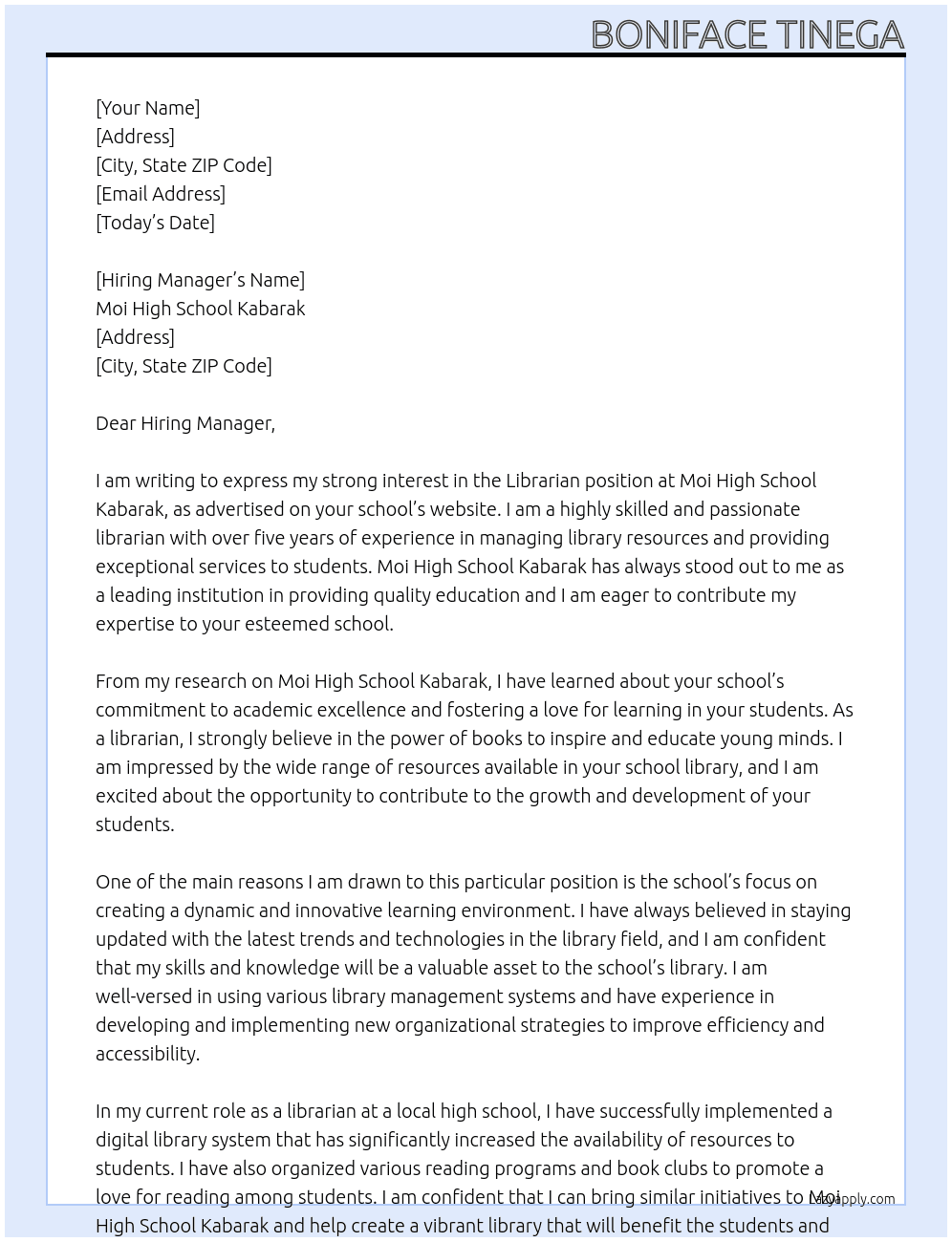 Librarian At Moi high school kabarak Cover Letter