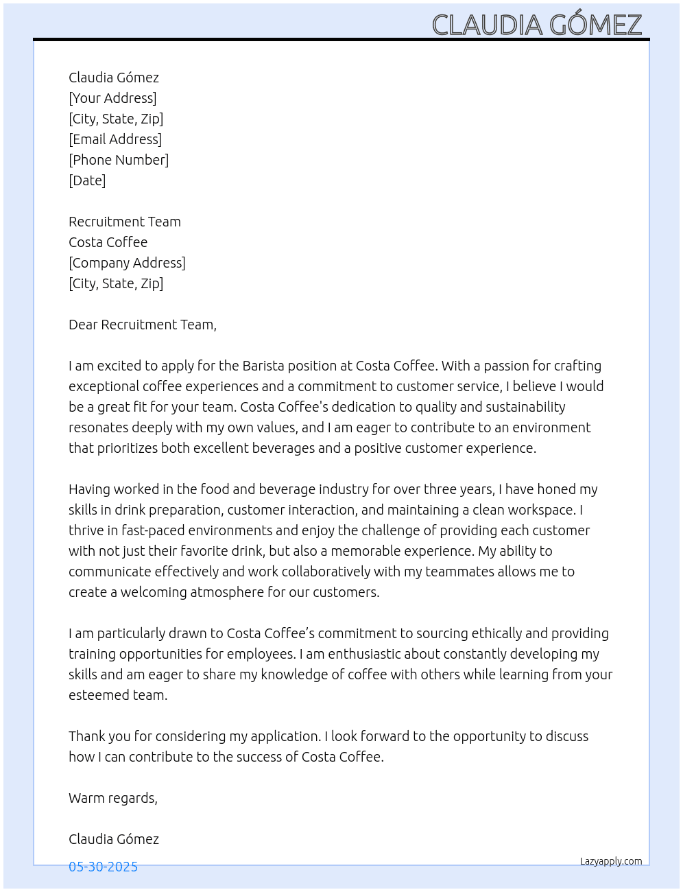 barista At Costa Coffee Cover Letter