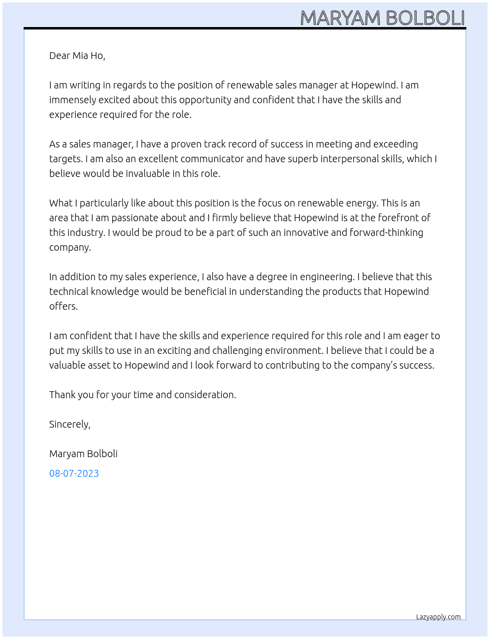 renewable sales manager At hopewind Cover Letter