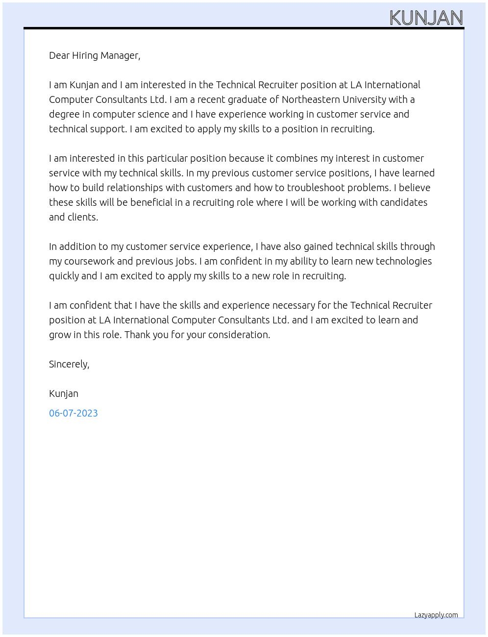 Technical Recruiter At LA International Computer Consultants Ltd Cover Letter