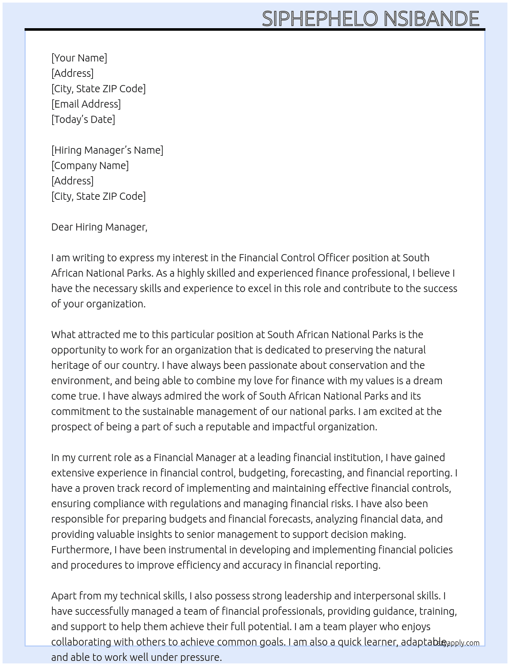 Financial Control Officer  At South African National Parks Cover Letter