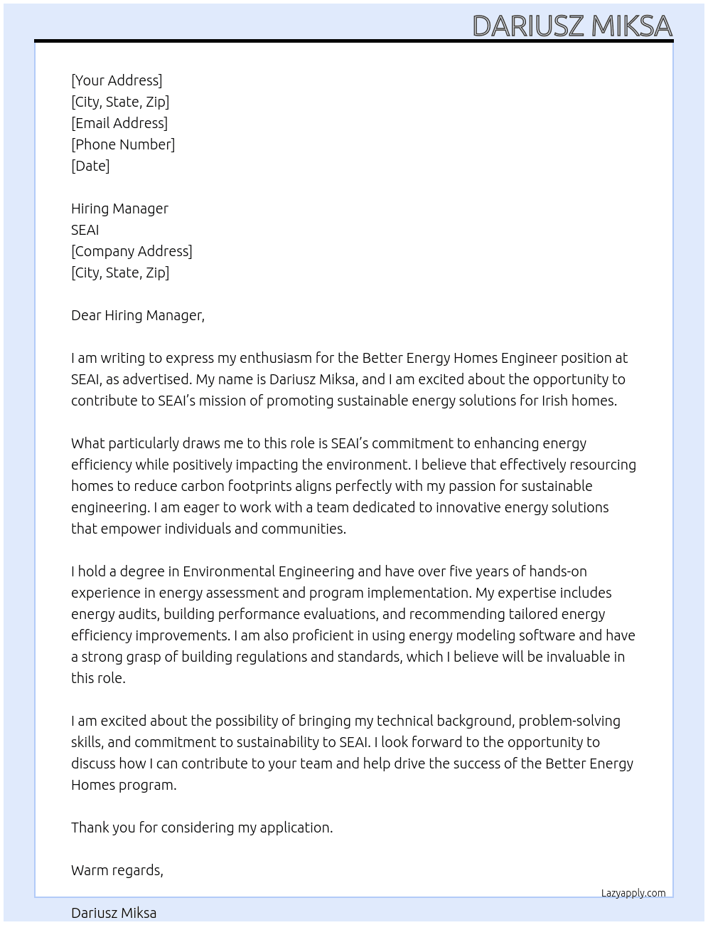 Better Energy Homes Engineer  At SEAI Cover Letter