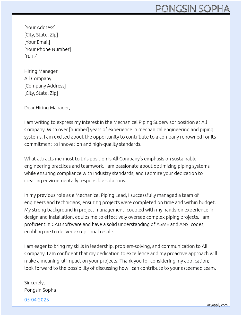 Cover letter for mechanical piping supervisor - LazyApply