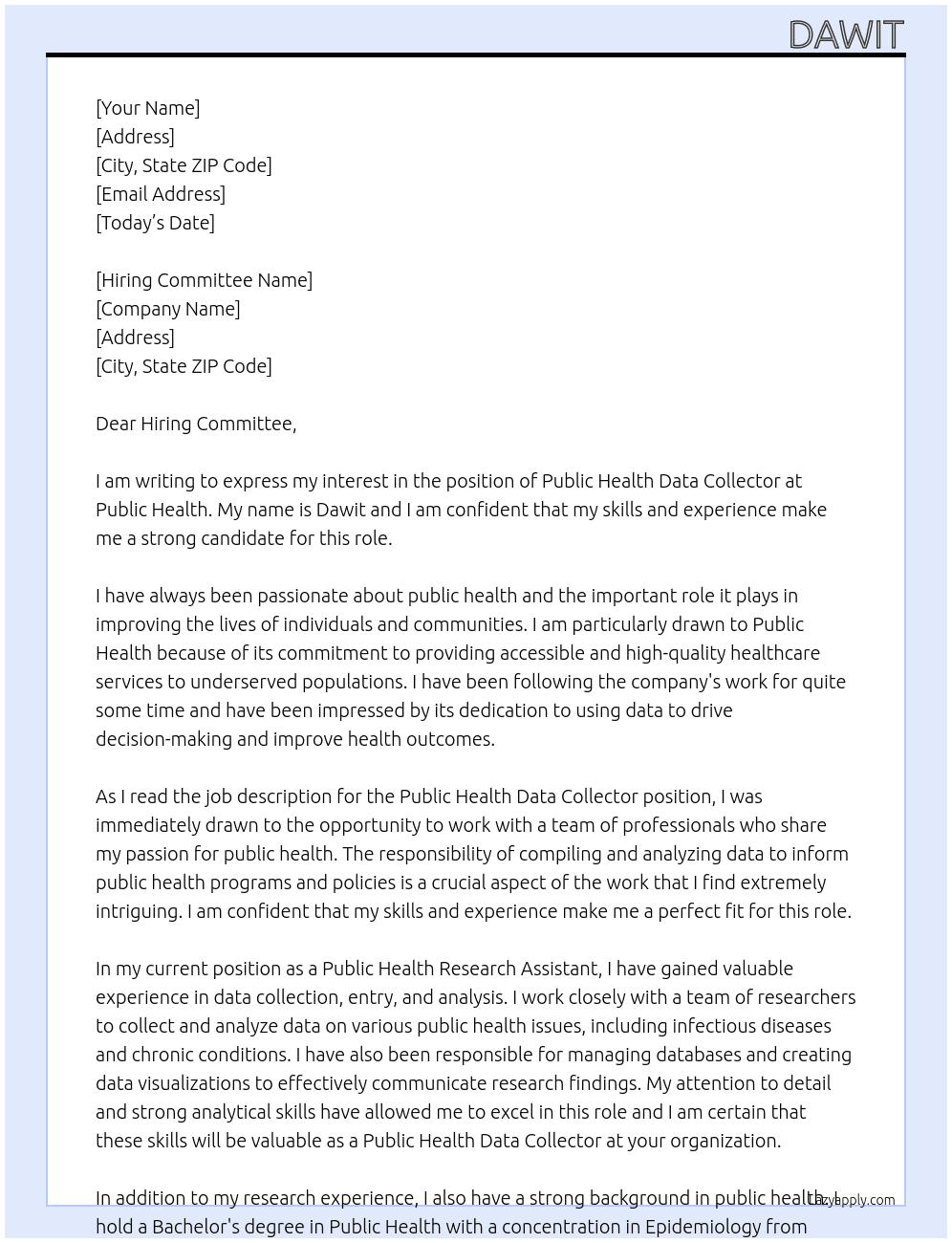 Public health data collector At Public health Cover Letter
