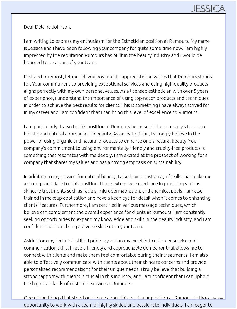 Esthetician At Rumours Cover Letter