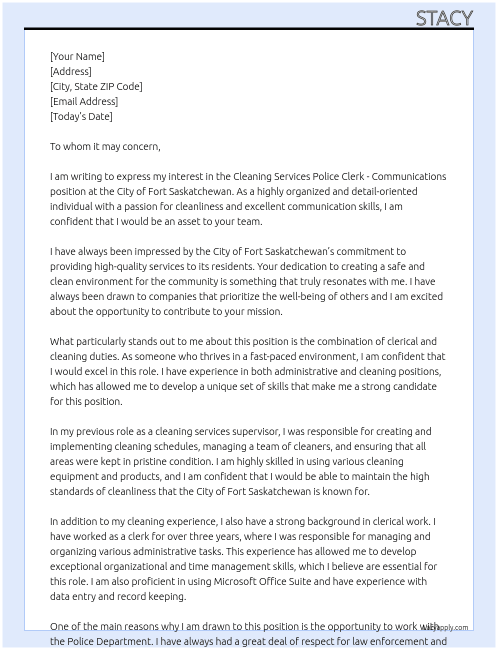 Cleaning Services Police Clerk - Communications At city of fort saskatchewan Cover Letter