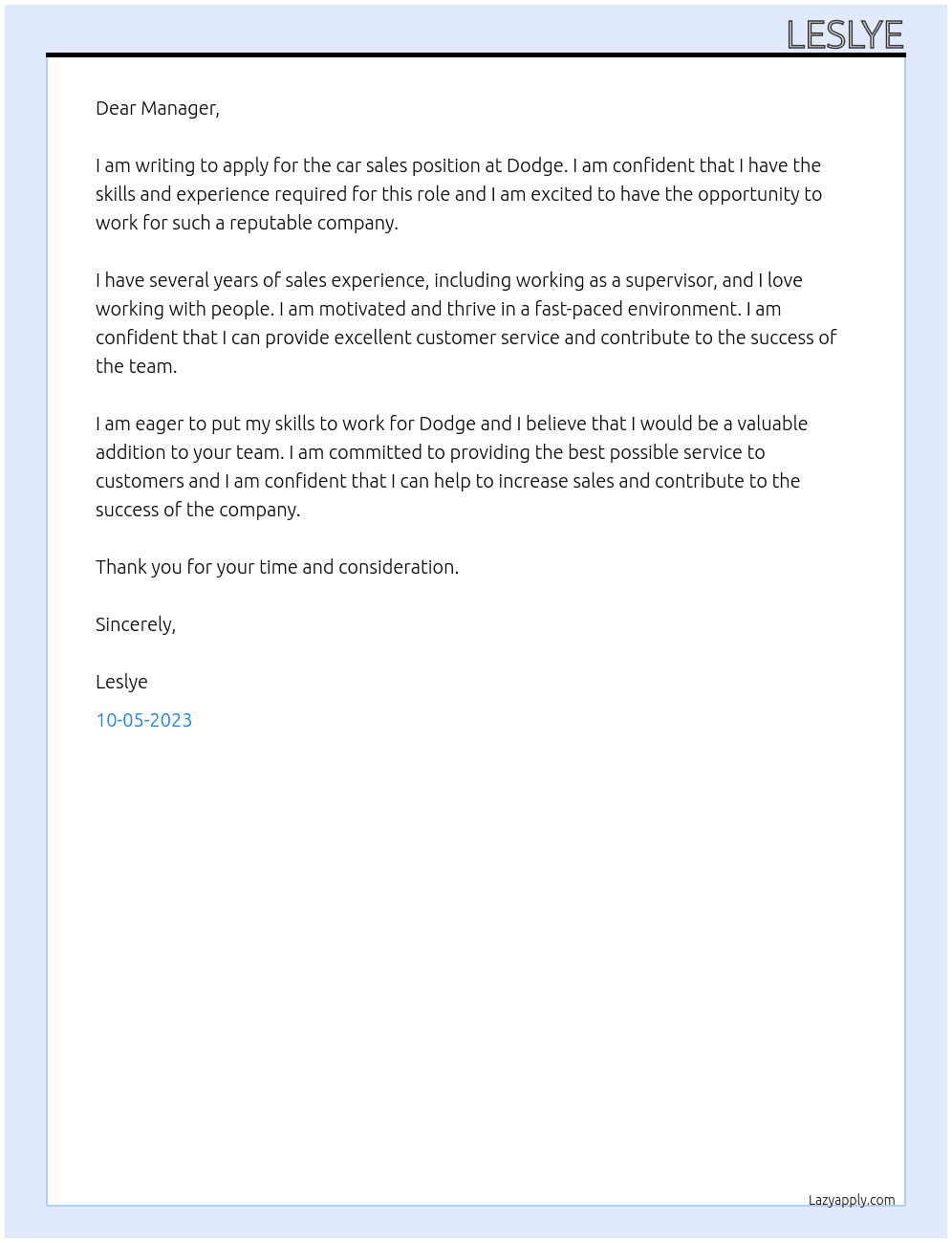 Car sales At Dodge Cover Letter