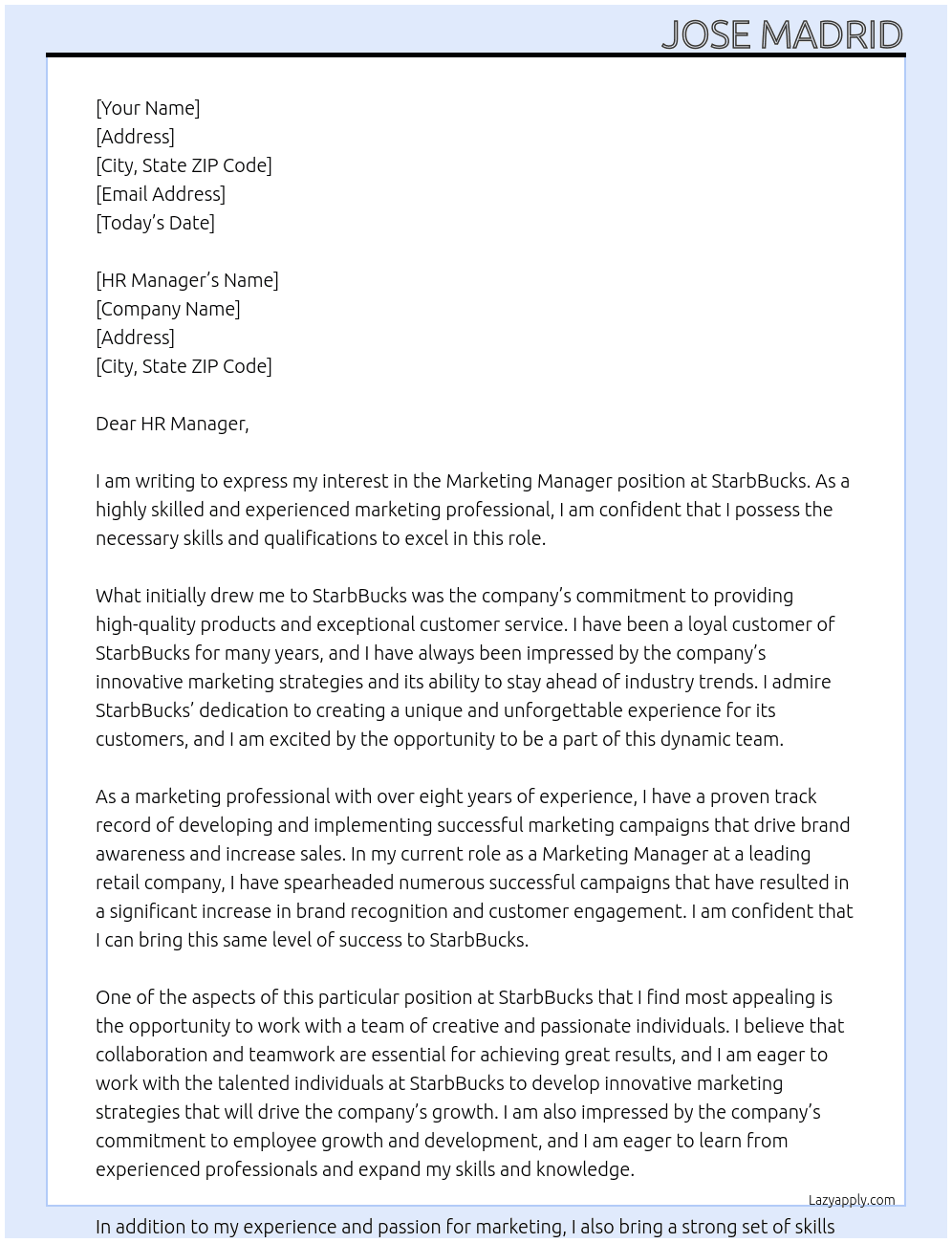 Marketing Manager At StarbBucks  Cover Letter