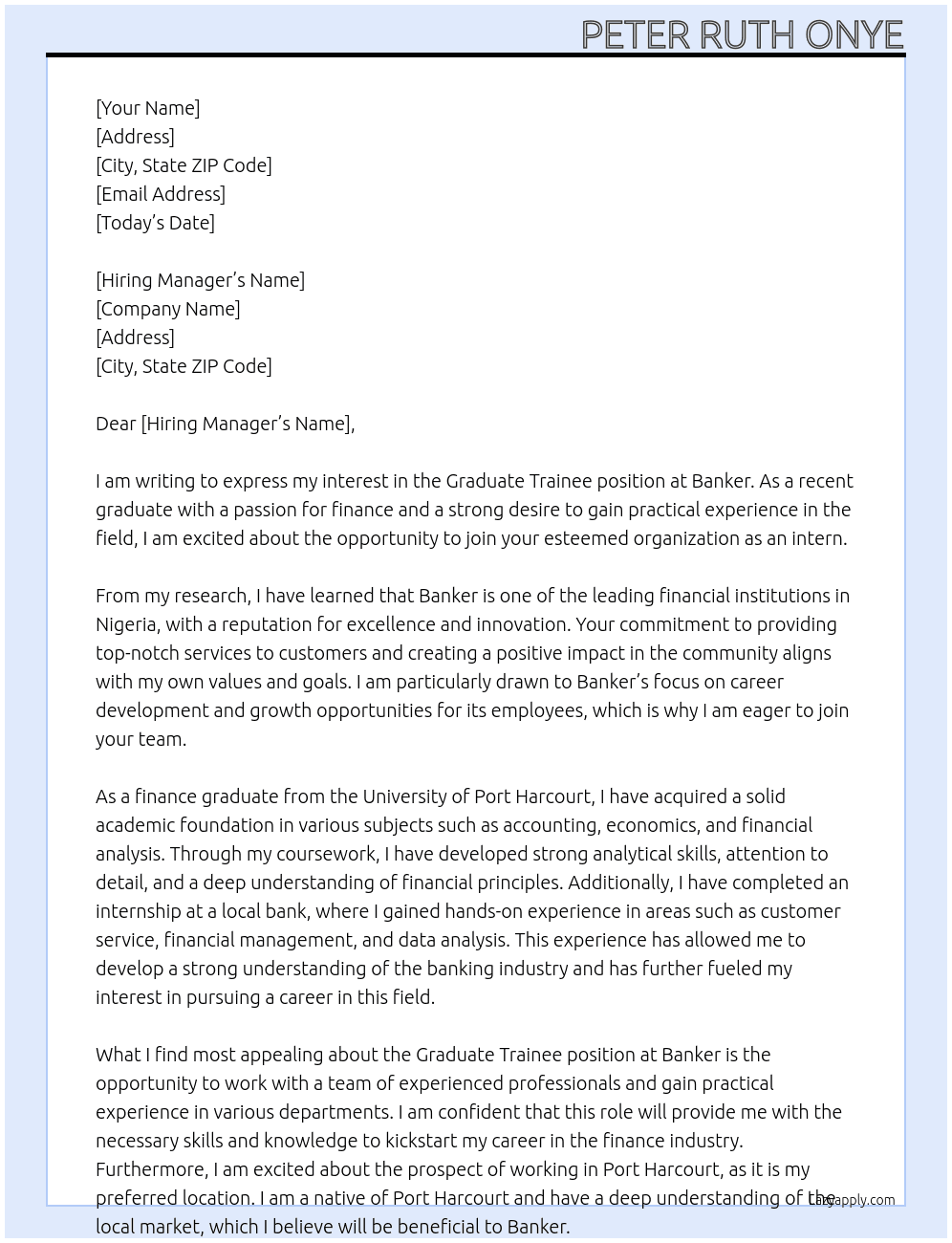 Graduate trainee At Banker Cover Letter