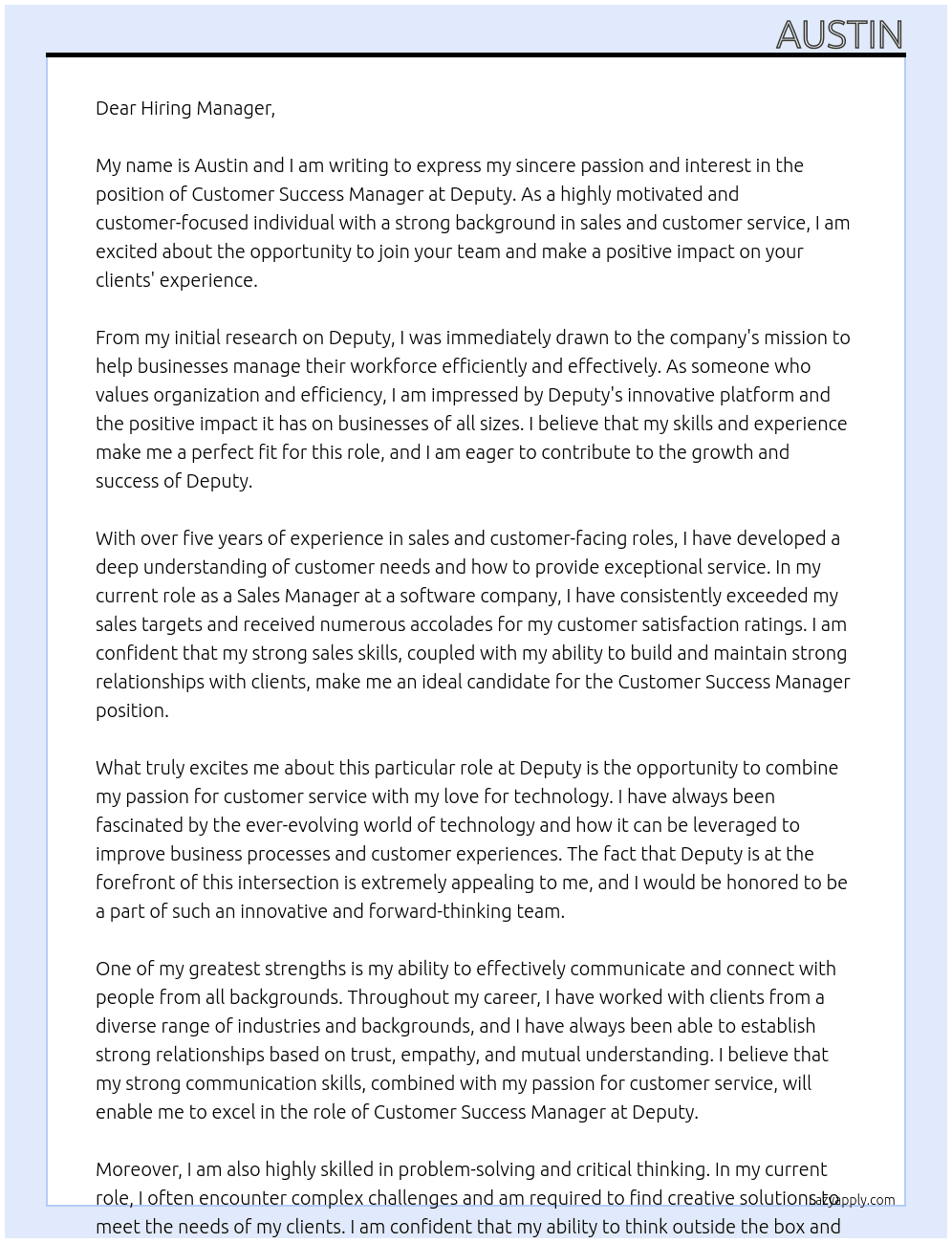 Customer Success manager At Deputy Cover Letter