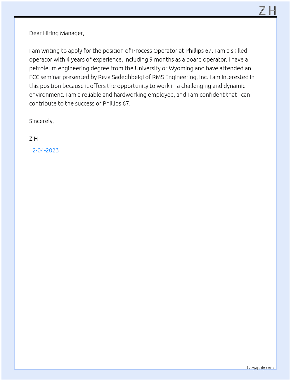 Process Operator  At Phillips 67 Cover Letter