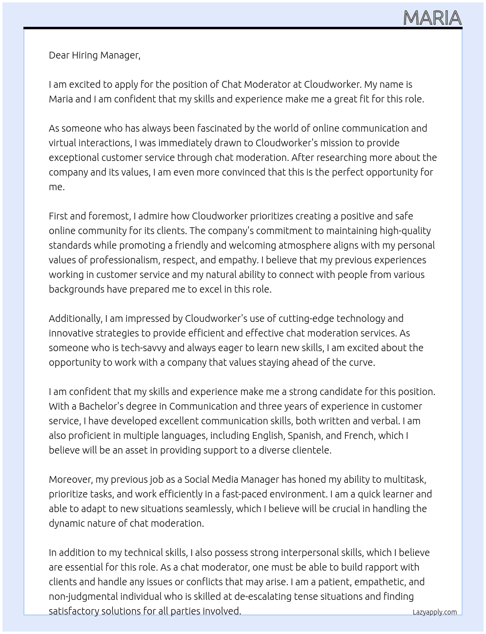 chat moderator At cloudworker Cover Letter