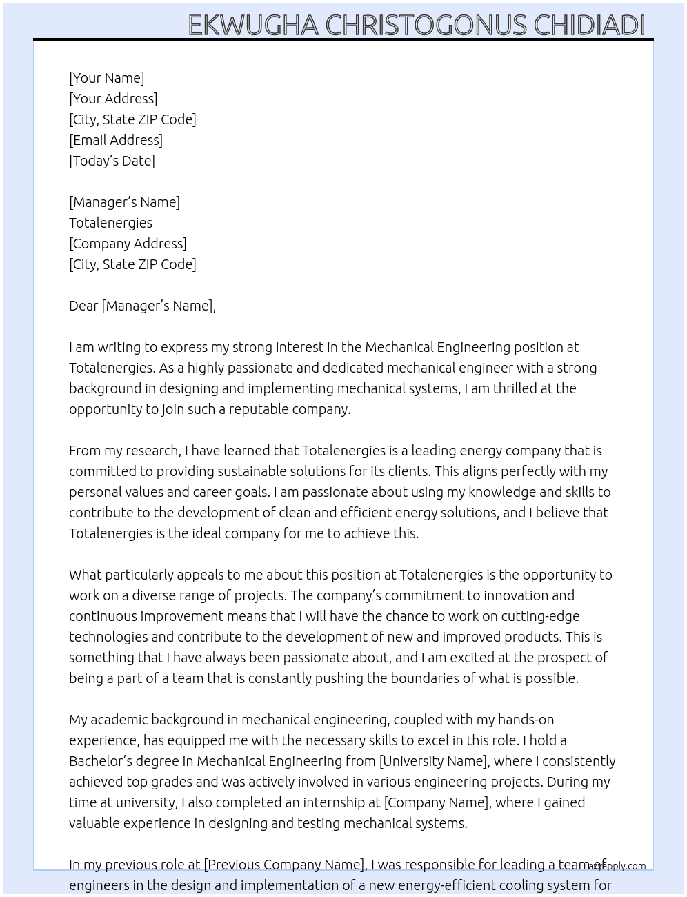 Mechanical Engineering  At Totalenergies Cover Letter
