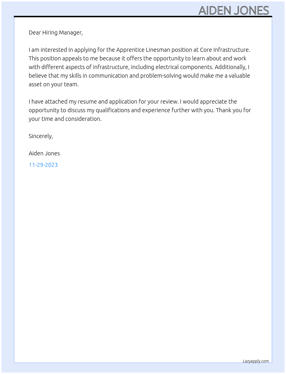 Apprentice Linesman At Core Infrastructure Cover Letter