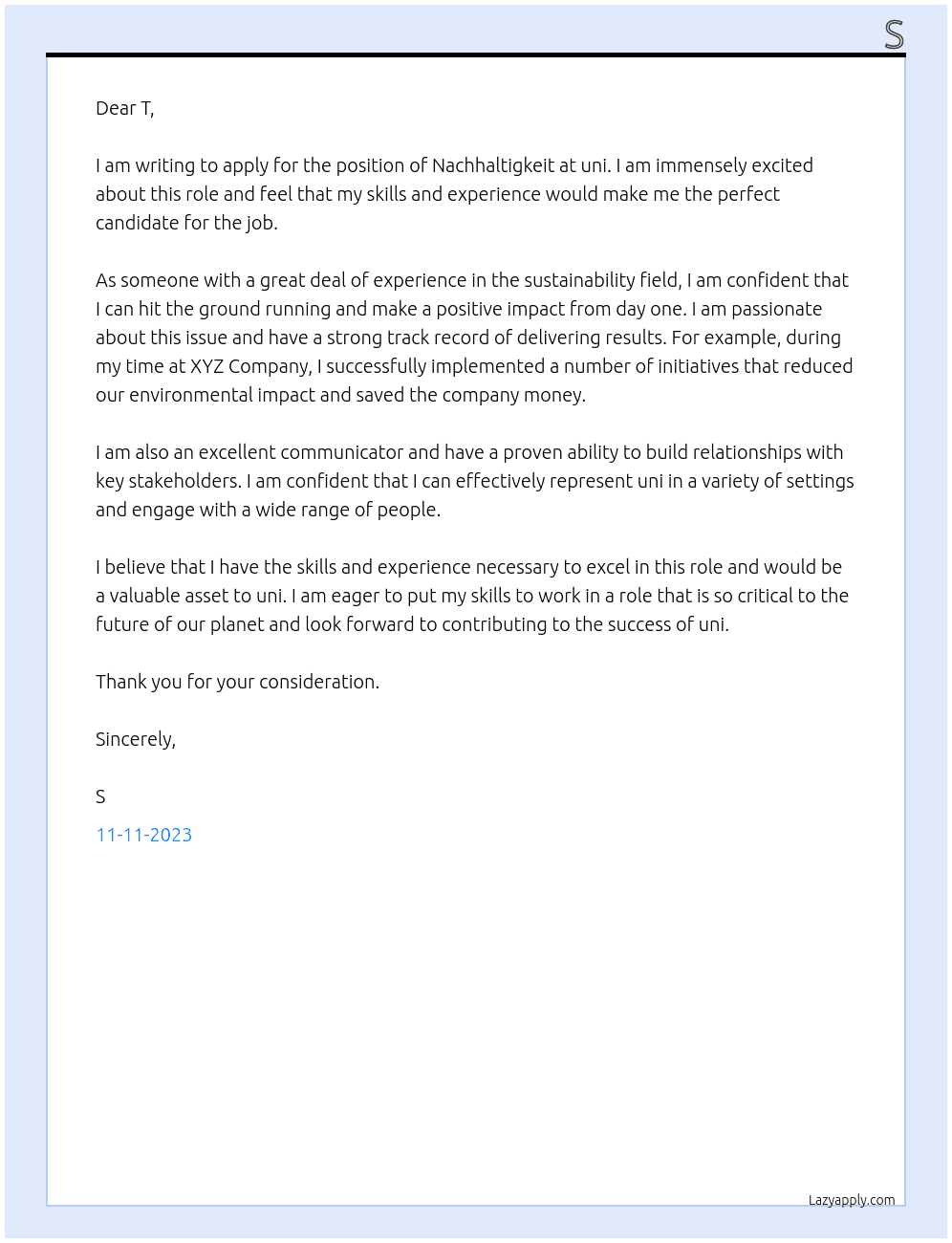 Nachhaltigkeit At uni Cover Letter