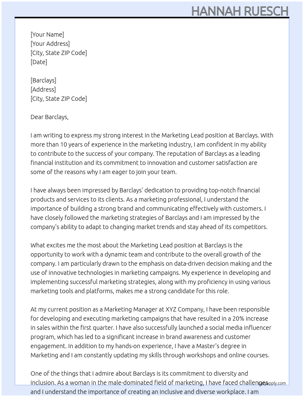 marketing lead  At Barclays Cover Letter