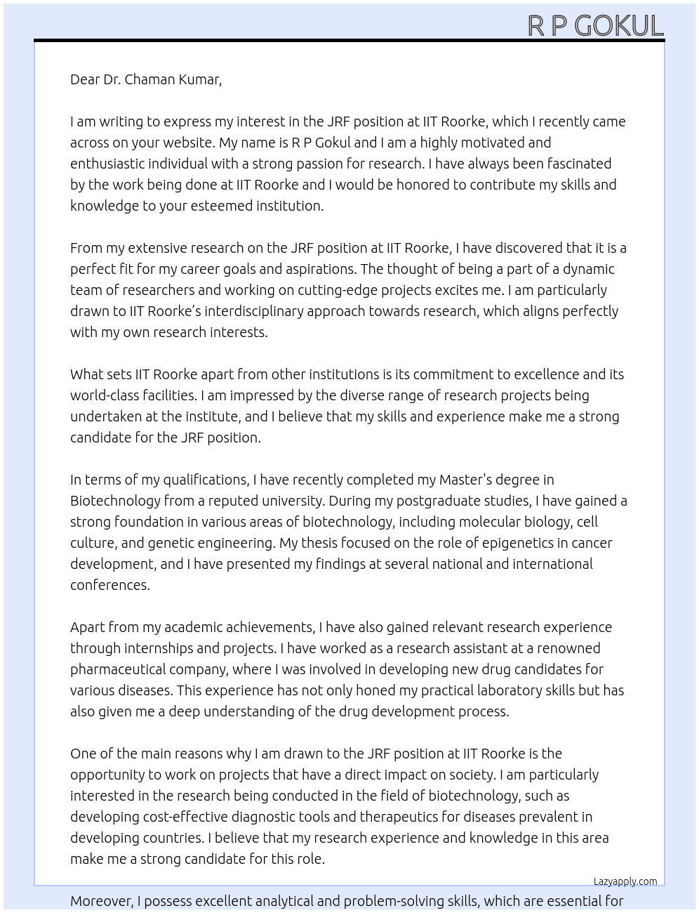 JRF position At IIT roorke Cover Letter