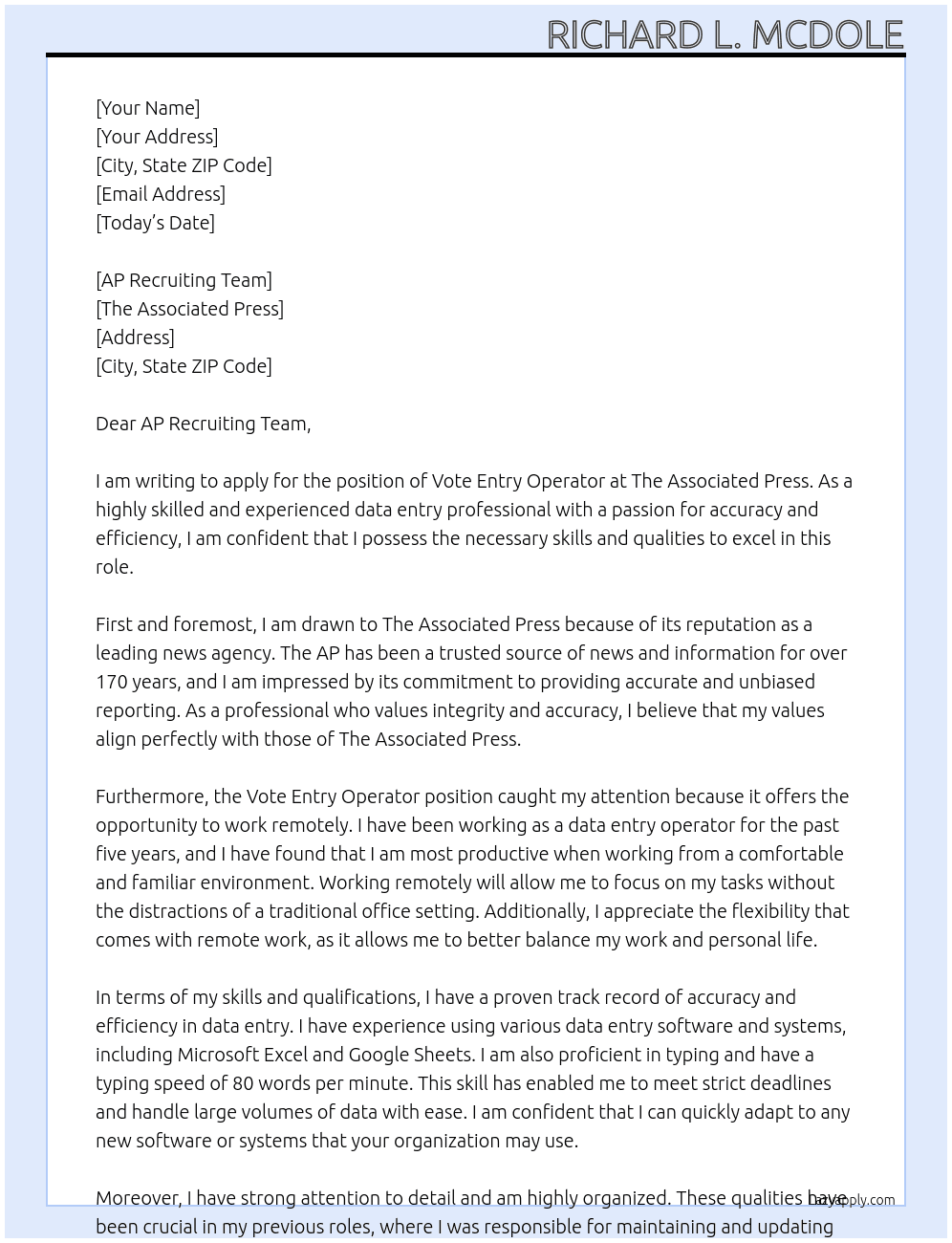 Vote Entry Operator At The Associated Press Cover Letter