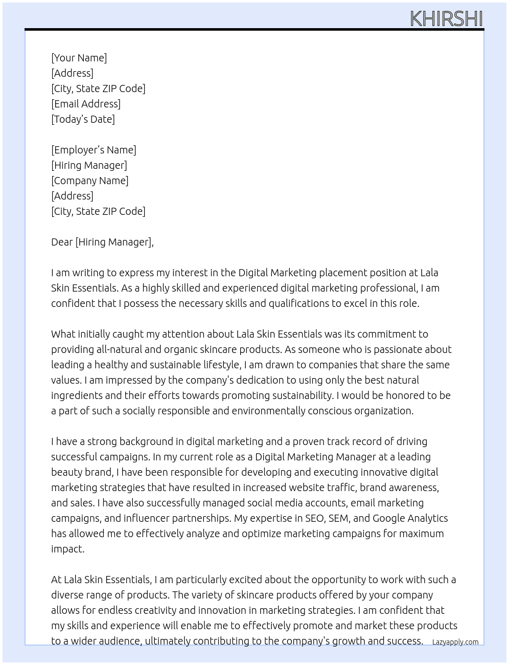 Digital Marketing placement At Lala Skin Essentials Cover Letter