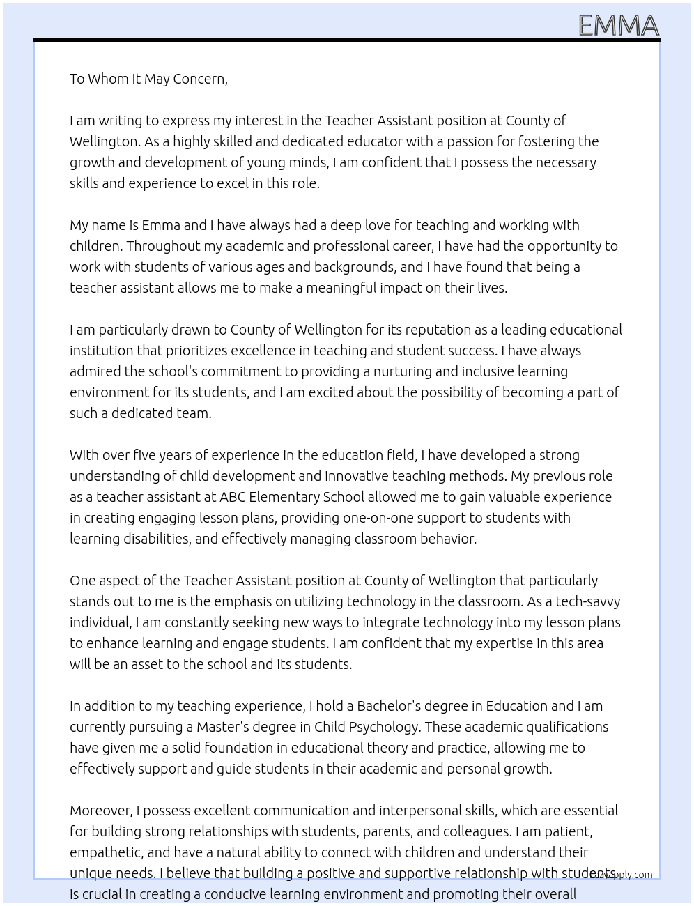 teacher assistant At County of Wellington Cover Letter
