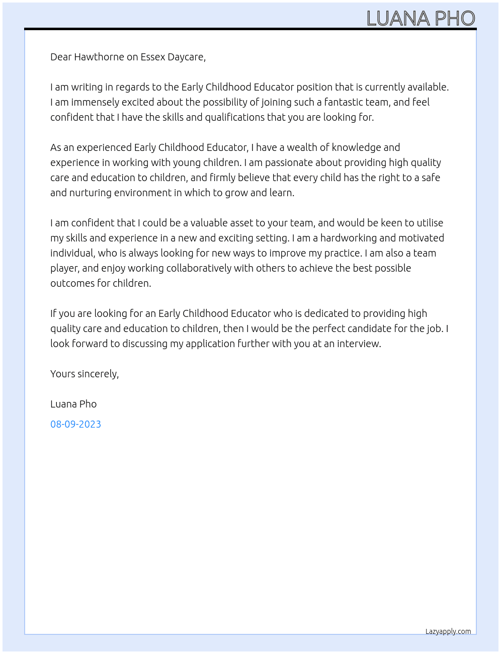 Early Childhood Educator At Hawthorne on Essex Daycare Cover Letter