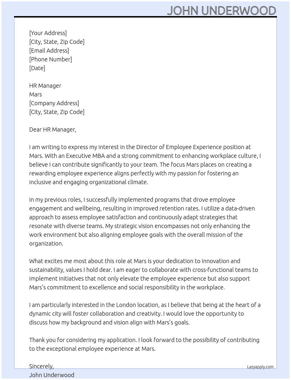 Cover letter for director of employee experience - LazyApply