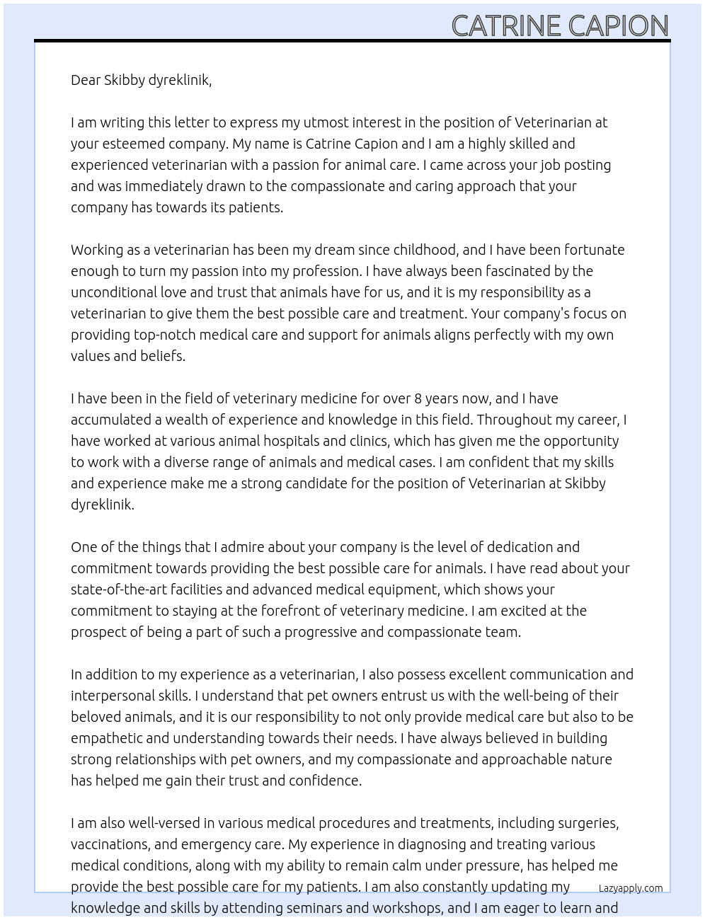 Veterinarian At Skibby dyreklinik Cover Letter