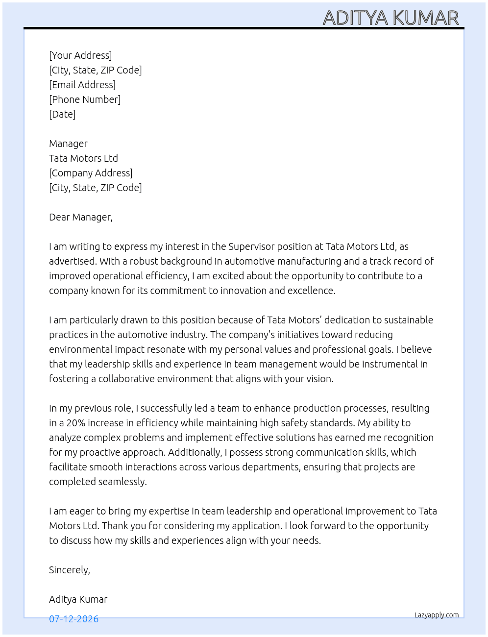 Supervisor  At Tata motors Ltd  Cover Letter